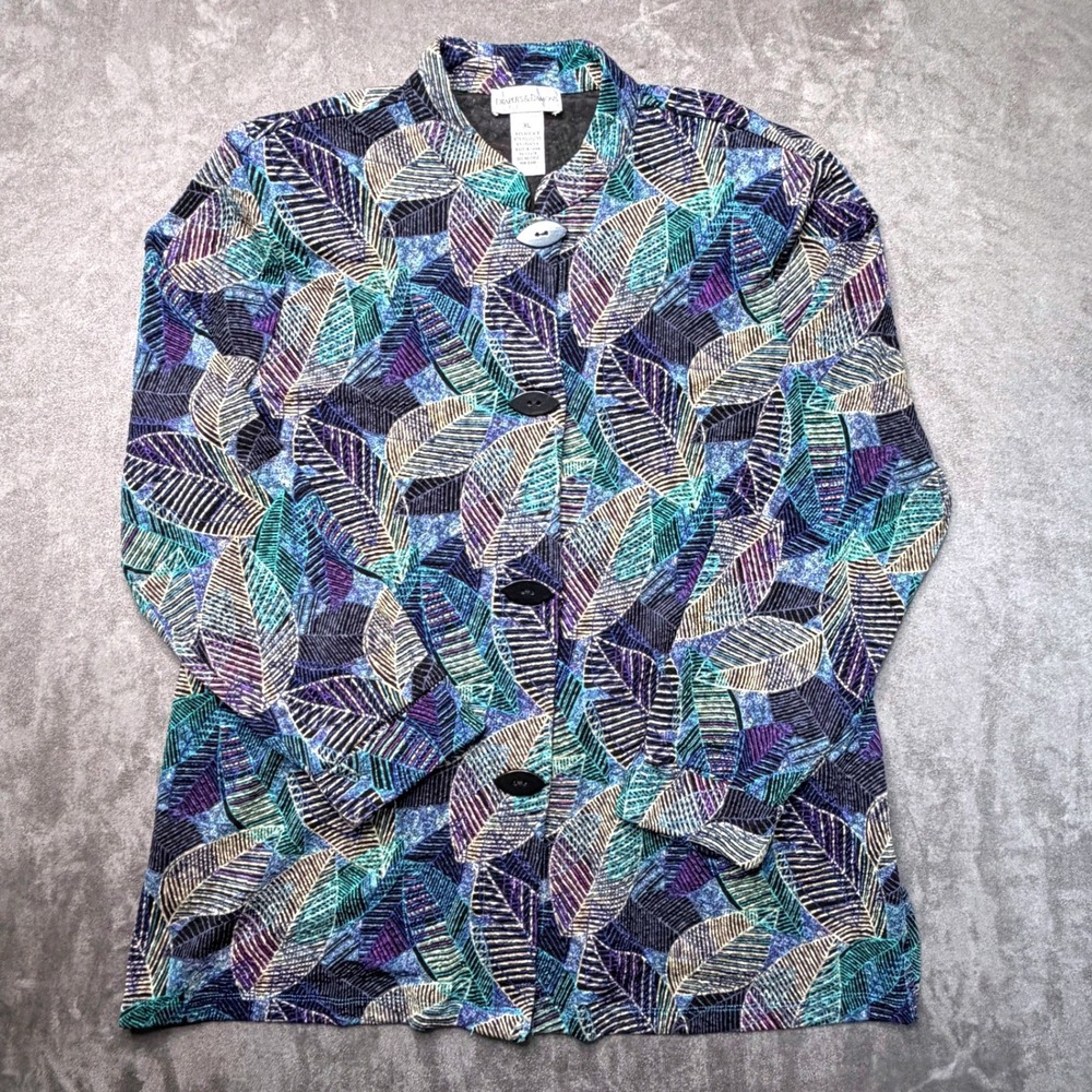 Vtg Drapers & Damons Womens XL Blue Purple Leaf Print Button Up Jacket Cardigan